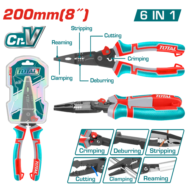 Total 6-In-1 Multi-Function Long Nose Pliers 8"/200Mm Professional THTMF286