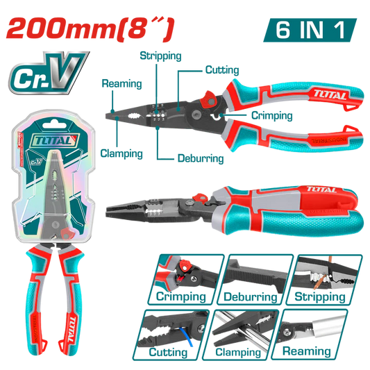 Total 6-In-1 Multi-Function Long Nose Pliers 8"/200Mm Professional THTMF286