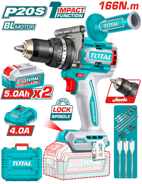 Total 20v P20s Brushless Cordless 166n.m Impact Drill Kit Tidli201668