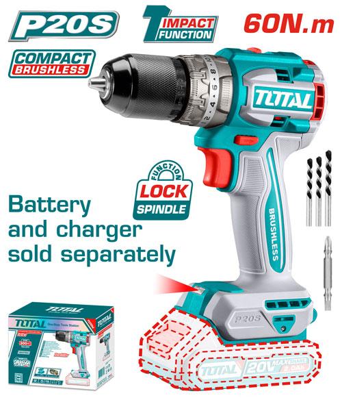 Total 20v P20s Lithium-ion Compact Brushless 60n.m Impact Drill Solo Tidli206021