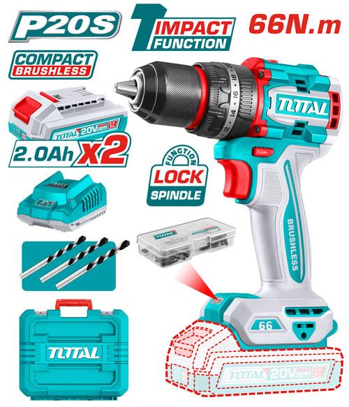 Total 20v P20s Compact Brushless 66n.m Cordless Impact Drill Kit Tidli20668