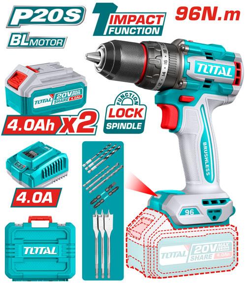 Total 20v P20s Brushless Cordless 96n.m Impact Drill Kit Tidli20968