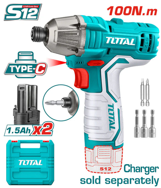Total 12v S12 100n.m Cordless Impact Driver Kit Tirli12015
