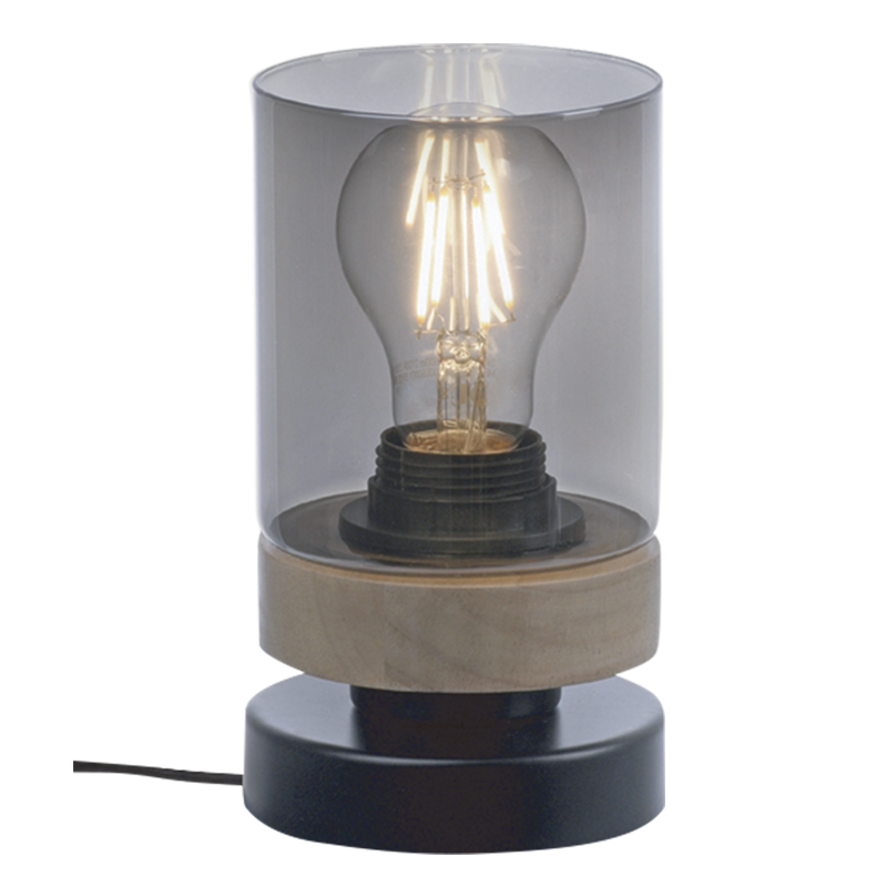 TL699 Bright Star WOOD BLACK METAL& WOOD TABLE LAMP SMOKE GLASS 1X40W ES
