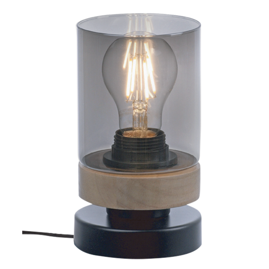 TL699 Bright Star WOOD BLACK METAL& WOOD TABLE LAMP SMOKE GLASS 1X40W ES