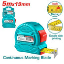 Total 5m Steel Measuring Tape 19mm Wide Double Sided Blade TMT34519M