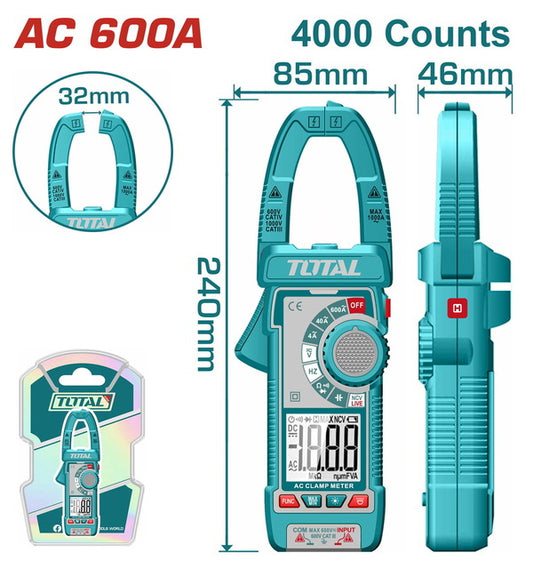 Total Digital Ac Clamp Meter Ac600A 4000 Counts Professional TMT766001