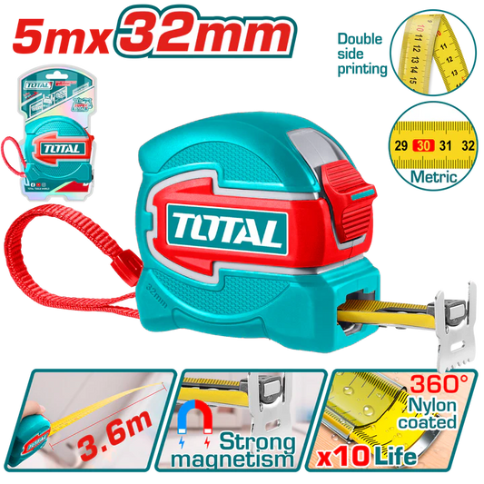 Total 5M Steel Measuring Tape With 32Mm Wide Double Sided Blade Professional TMT80532M