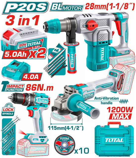 TOTAL 20V 3-Piece Brushless Cordless Combo Kit - TOSLI251195