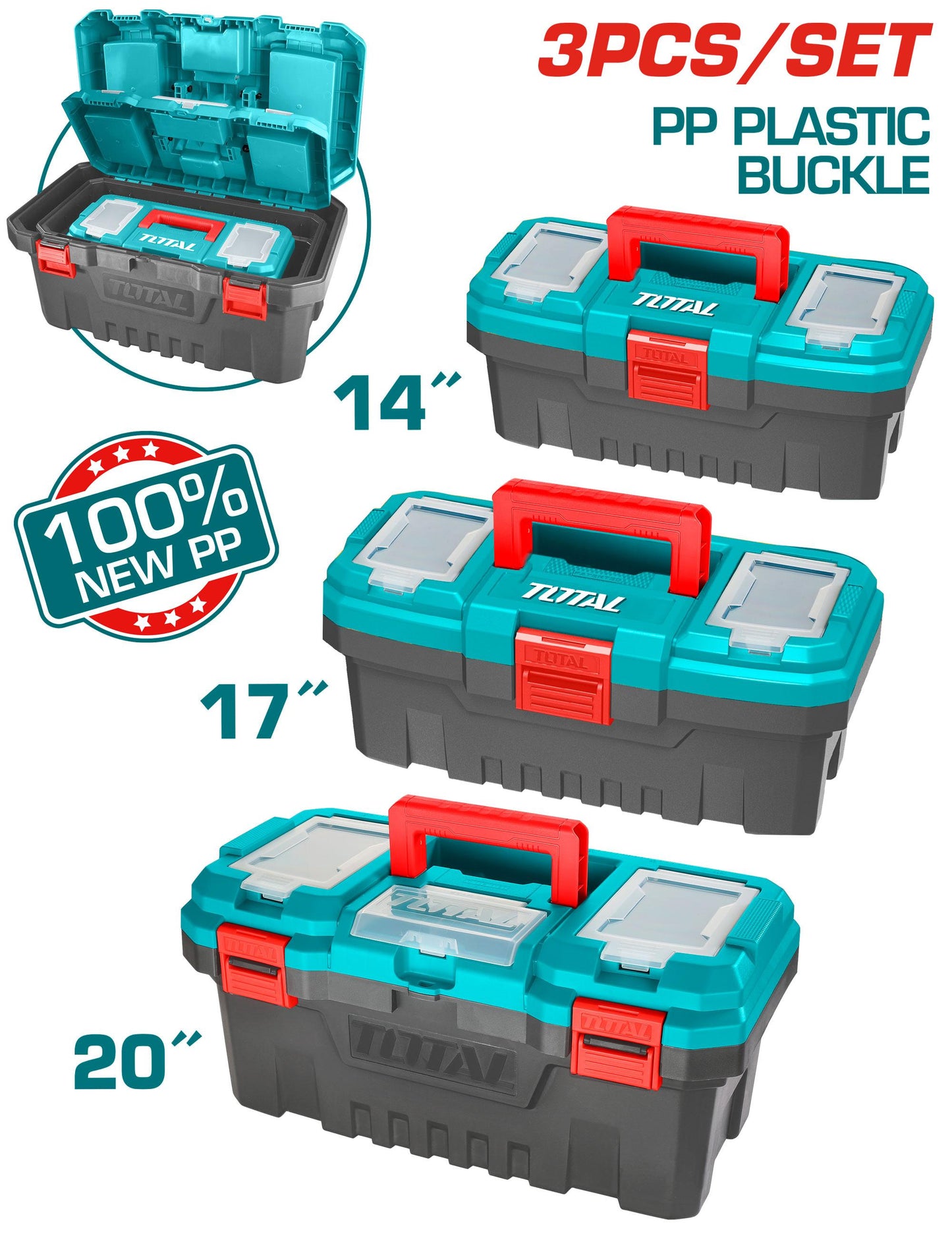 Total 3 Pcs Plastic Tool Boxes Set 14+17+20" Professional TPBXK0031