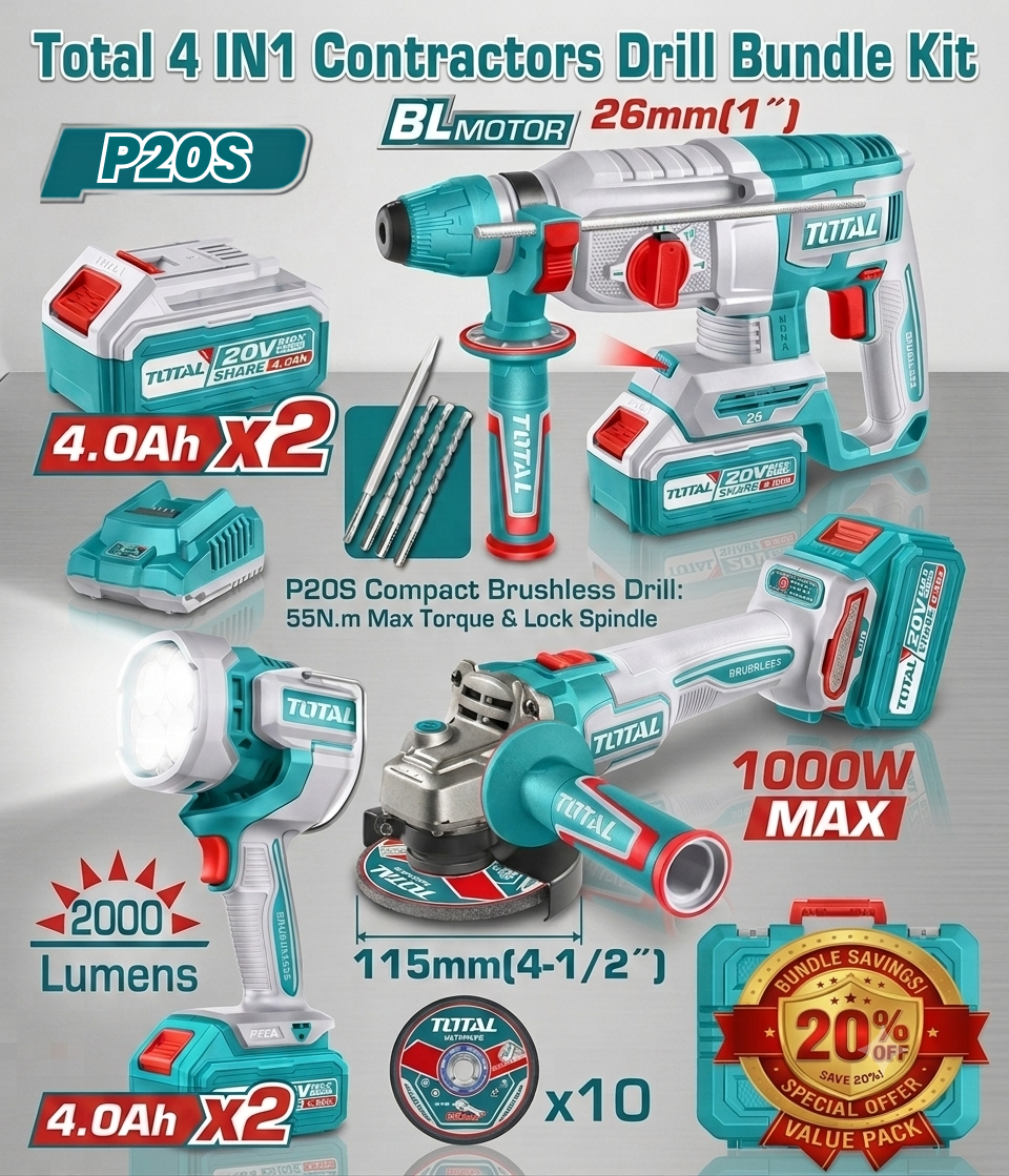 Total 4 IN1 Contractors Drill Bundle Kit