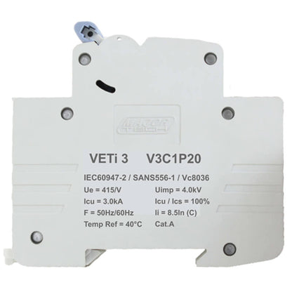 20A Single Pole Miniature Circuit Breaker (MCB) | C-Curve | 3kA | VETi