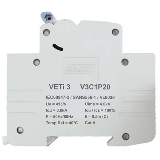 20A Single Pole Miniature Circuit Breaker (MCB) | C-Curve | 3kA | VETi