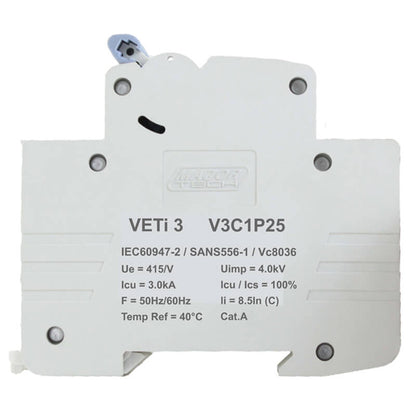 25A Single Pole Miniature Circuit Breaker (MCB) | C-Curve | 3kA | VETi