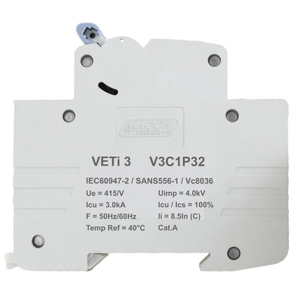 32A Single Pole Miniature Circuit Breaker (MCB) | C-Curve | 3kA | VETi