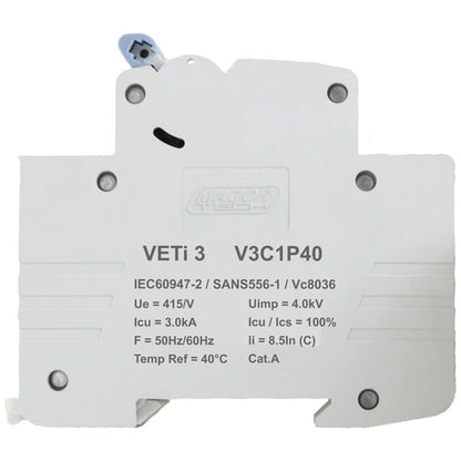 40A Single Pole Miniature Circuit Breaker (MCB) | C-Curve | 3kA | VETi