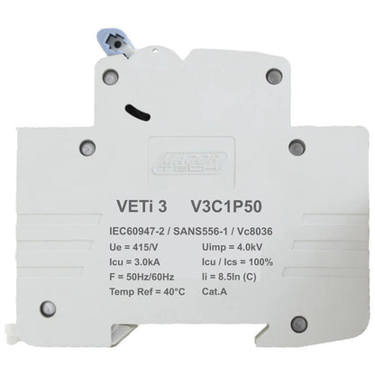50A Single Pole Miniature Circuit Breaker (MCB) | C-Curve | 3kA | VETi
