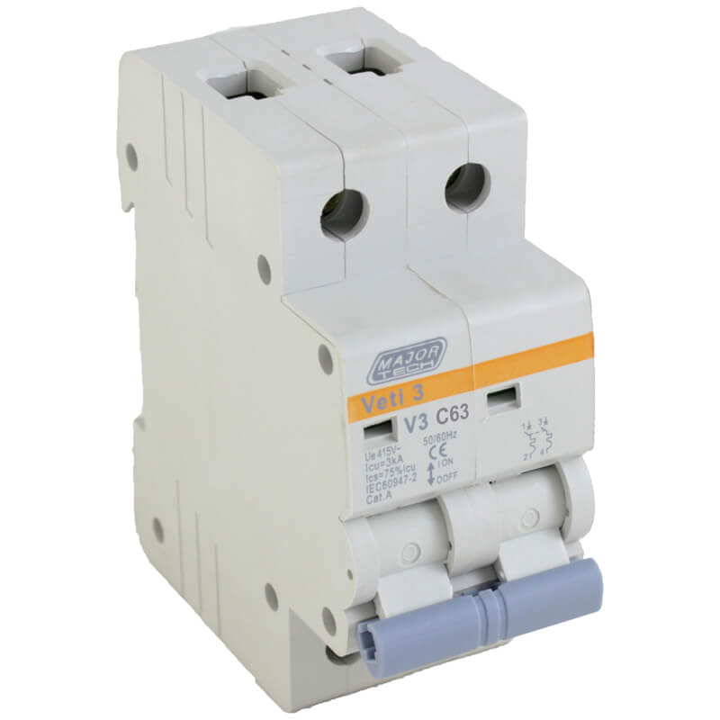 63A Double Pole Miniature Circuit Breaker (MCB) | C-Curve | 3kA | VETi