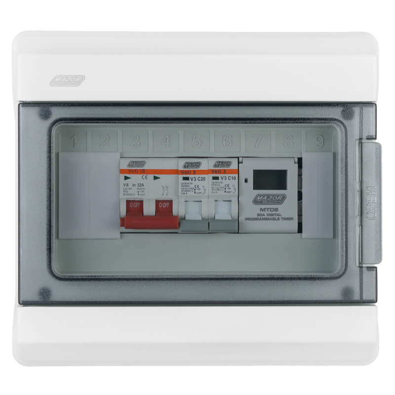 Populated Swimming Pool Distribution Board - IP66 Weatherproof 8-Way DB Board with Digital Timer