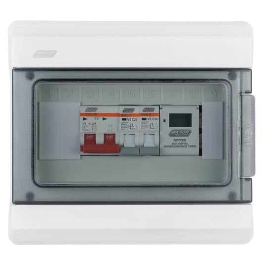 Populated Swimming Pool Distribution Board - IP66 Weatherproof 8-Way DB Board with Digital Timer