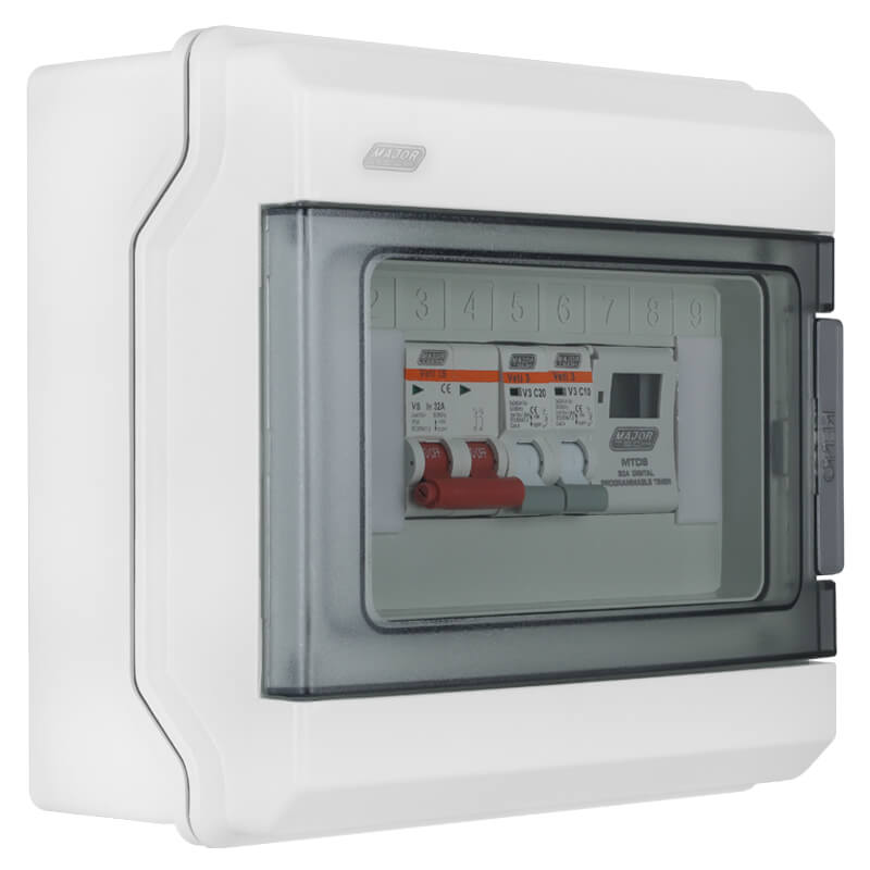 Populated Swimming Pool Distribution Board - IP66 Weatherproof 8-Way DB Board with Digital Timer