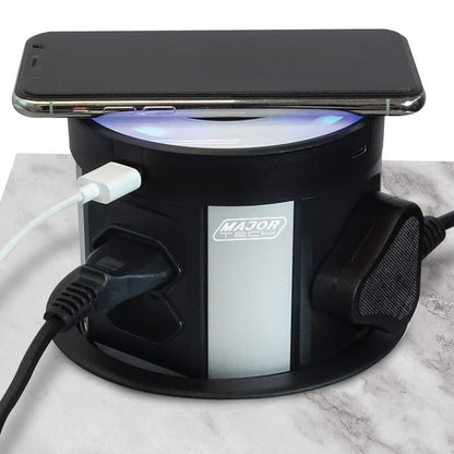 VETi Wireless Charging Pop-Up Power Tower | 6-Way Socket & 4-Way USB | Black Glass Top