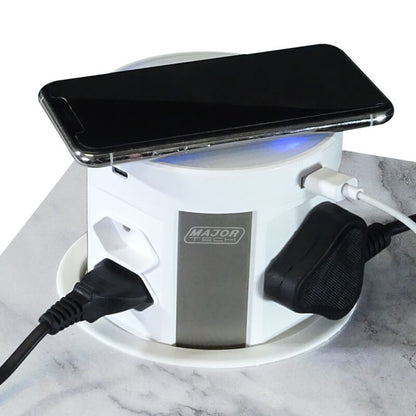 VETi Wireless Charging Pop-Up Power Tower | 6-Way Socket & 4-Way USB | White Glass Top