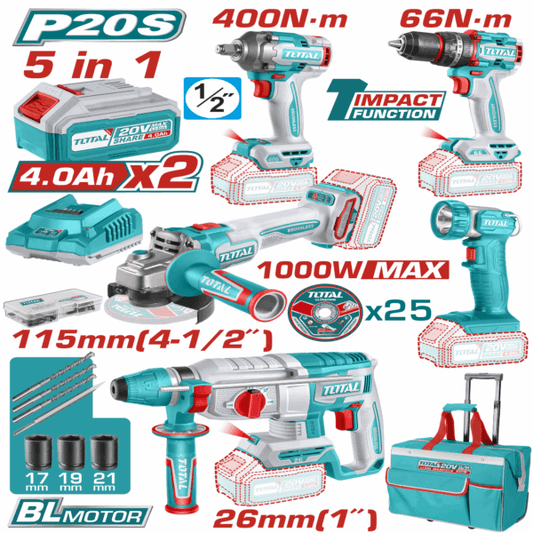 TOTAL 20V Brushless 5-Piece Combo Incl. 2x 4amp Batteries+Charger+Wheely Bag TCKL20592 Metal Chuck