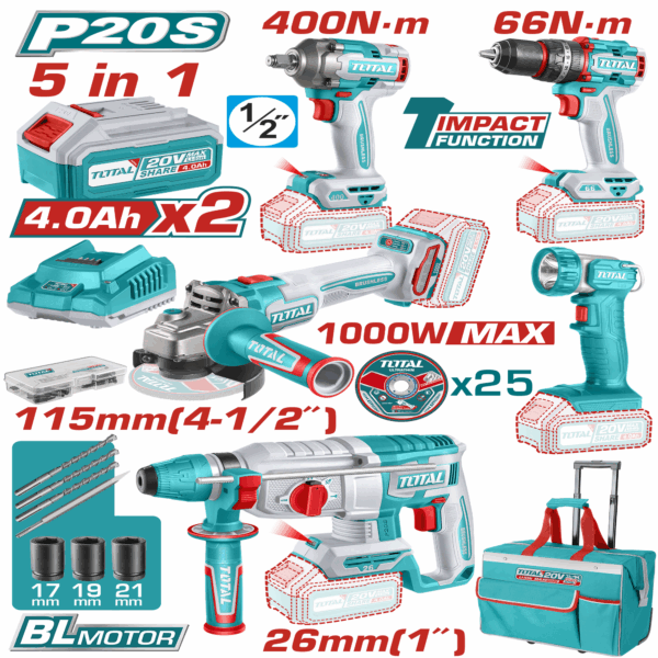 TOTAL 20V Brushless 5-Piece Combo Incl. 2x 4amp Batteries+Charger+Wheely Bag TCKL20592 Metal Chuck