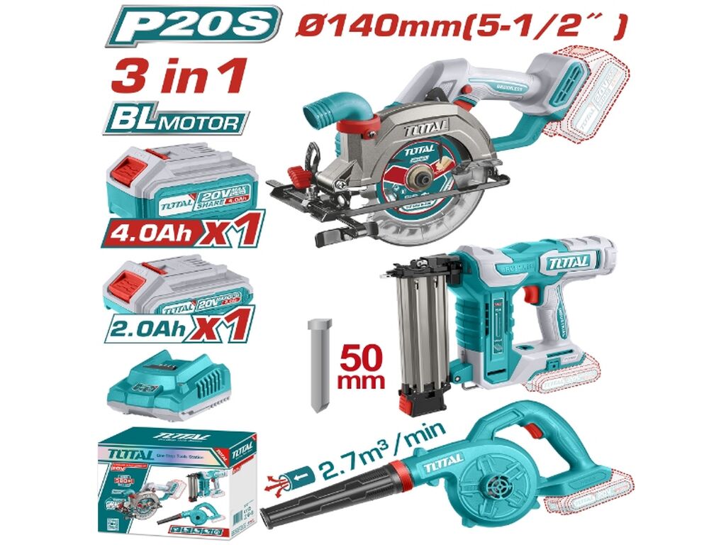TOTAL 20V 3-Piece Cordless Combo Kit (Circular Saw, Blower & Brad Nailer) - TOSLI240683