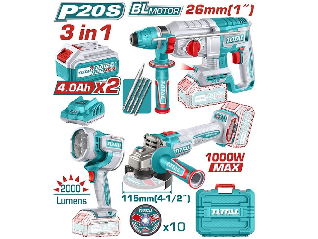 Total 20V Cordless Combo 3Pc Rotary Hammer + Grinder + Work Lamp and Acc Kit