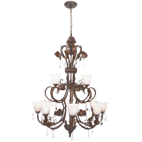 Bright Star Lighting CH5035/8+4 BRN/GOLD Metal / Resin Chandelier with Leaves and Crystal Drops, White Glass