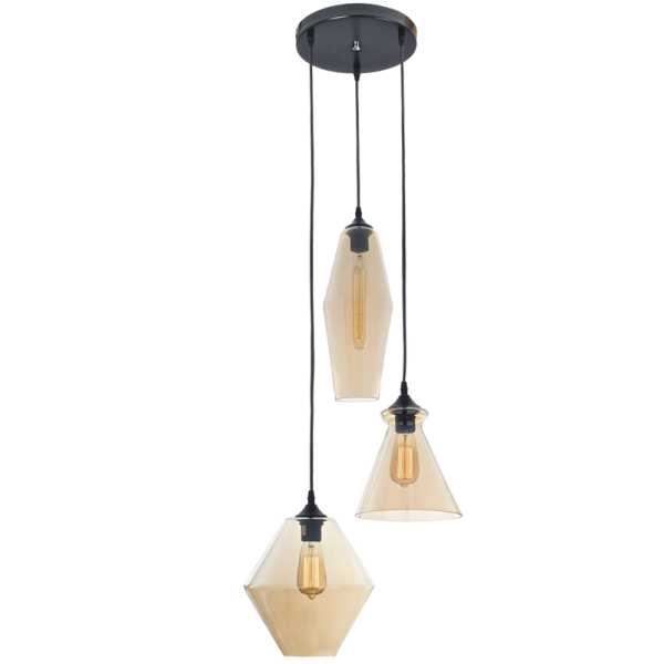 PEN757/3 Bright Star AMBER AMPER GLASS PENDANT 3 SHAPES 3X60W ES