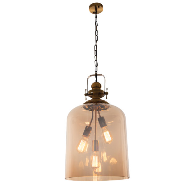 PEN761 Bright Star AMBER SATIN BRASS PENDANT AMBER GLASS 3X60W ES 350MM