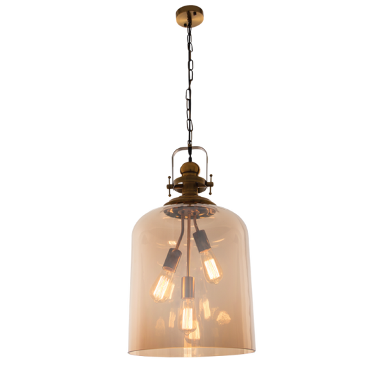 PEN761 Bright Star AMBER SATIN BRASS PENDANT AMBER GLASS 3X60W ES 350MM
