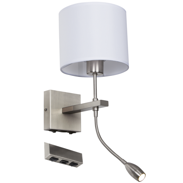 Bright Star Lighting WB171/2 USB Satin Chrome Wall Bracket with White Fabric Shade