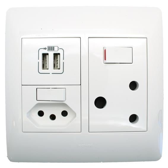 Legrand Modular White 2.4A USB, Euro & RSA 4x4 Wall Socket